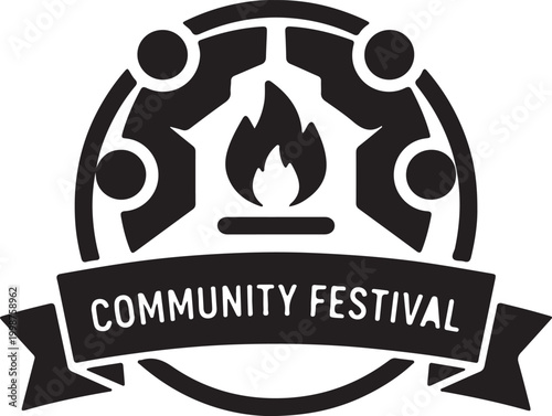 A black and white vector badge for a community festival featuring a central campfire icon surrounded by stylized silhouettes of people in a circle.