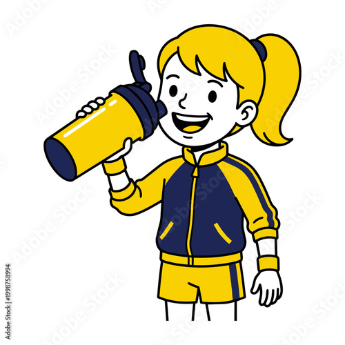 Cute female character in yellow sportswear drinking water from yellow shaker bottle, kawaii gym girl staying hydrated vector graphic illustration design