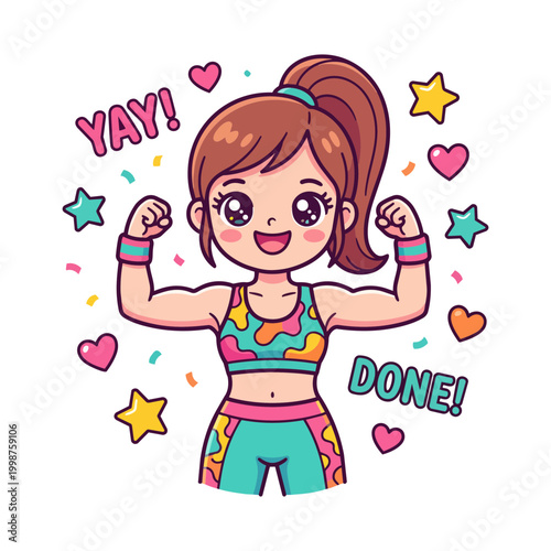 Cute sporty girl proudly flexing bicep muscles with pink text background, kawaii female fitness character showing off gym gains vector illustration graphic