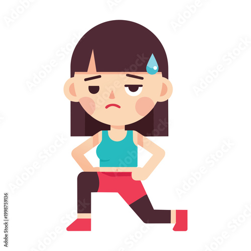 Kawaii sporty girl doing forward walking lunge exercise in red outfit, cute female fitness character training leg muscles vector graphic illustration