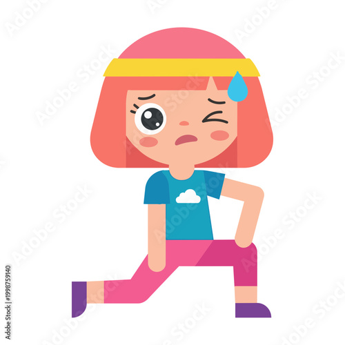 Cute female character in pink performing deep lunge exercise, kawaii gym girl training lower body and glutes vector illustration graphic design artwork