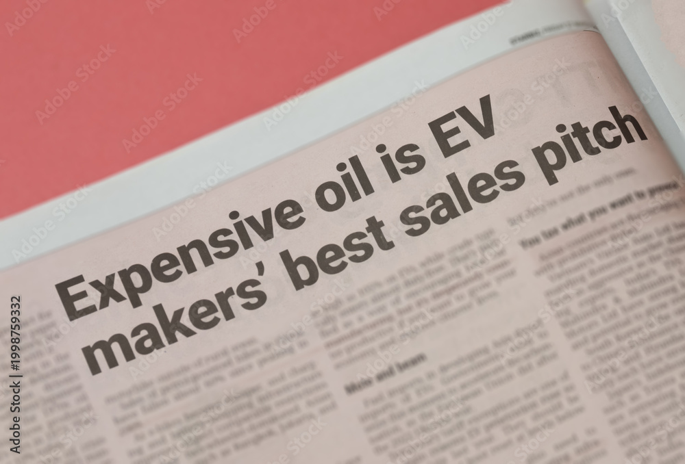 Obraz premium Financial Newspaper Headline Highlighting Expensive Oil Prices as Sales Pitch for Electric Vehicle EV Industry Growth and Energy Transition