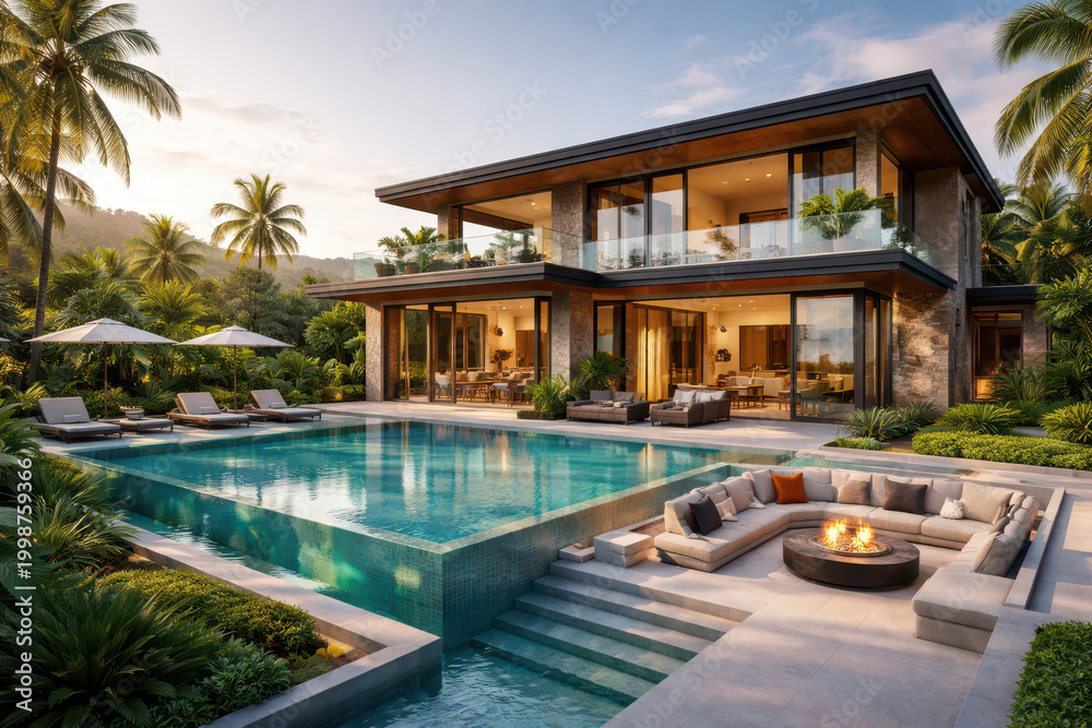 Fototapeta premium Luxury modern villa with infinity pool and tropical landscaping at sunset