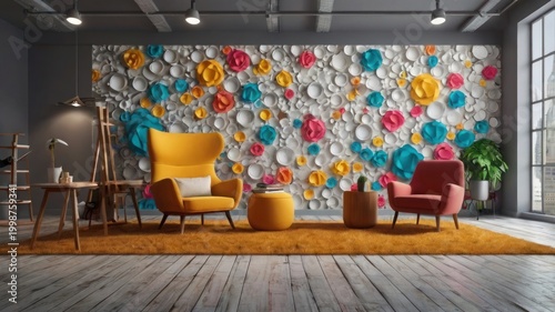 Modern living room with colorful floral wall art and plush seating yellow armchair pink armchair