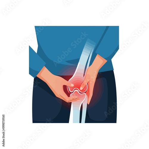 Close-up of a person holding their painful knee joint showing inflammation.