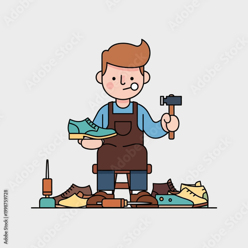 Shoemaker working on shoes with tools and materials.