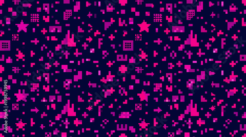 Seamless neon travel and vacation icons pattern on dark purple background.