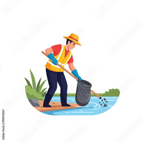 Worker cleaning debris from water with net and bag.