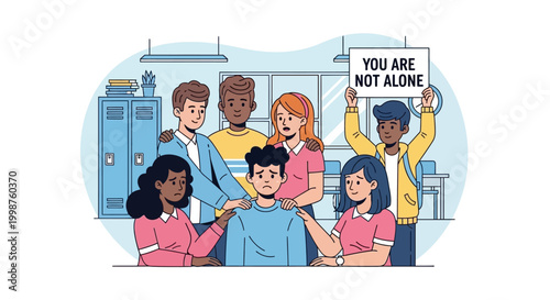 Group of diverse people surrounding a distressed man, offering support and comfort with a sign saying YOU ARE NOT ALONE, illustrating solidarity and empathy