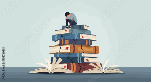 Overwhelmed Student Sitting on a Giant Stack of Books, Symbolizing the Burden of Education and Knowledge