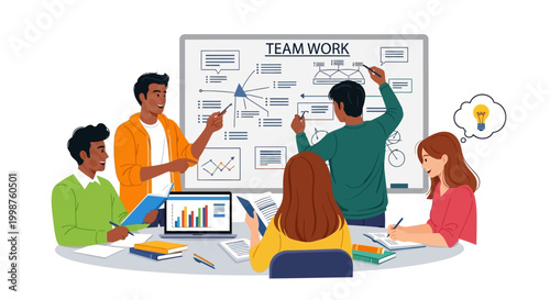 Diverse team collaborating on a project, brainstorming ideas and developing strategies for business success in a dynamic office meeting setting