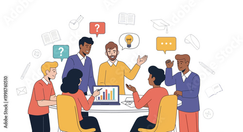 Diverse group of professionals collaborating in a modern office setting, brainstorming ideas and discussing project strategy with charts and graphs on display