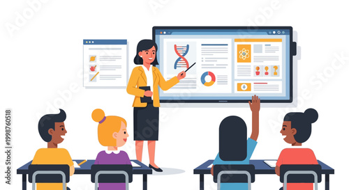 Modern classroom setting where a dedicated teacher uses an interactive smart board to educate a diverse group of attentive young students