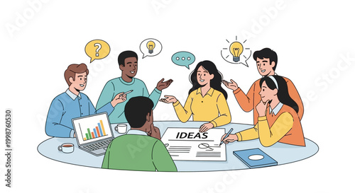 Diverse team collaborating on innovative ideas at a round table, fostering creativity and brainstorming for business growth and success