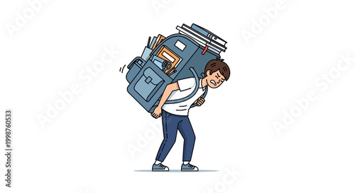 Student struggling to carry a heavy backpack full of books and supplies symbolizing academic burden and stress