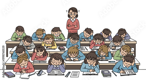 Frustrated teacher overlooks a classroom of weary students slumped over desks, battling boredom or exhaustion during a challenging lesson or exam