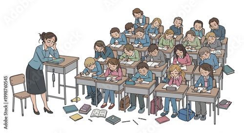 A teacher observing her students as they diligently work on their assignments in a classroom setting, highlighting the importance of education and learning