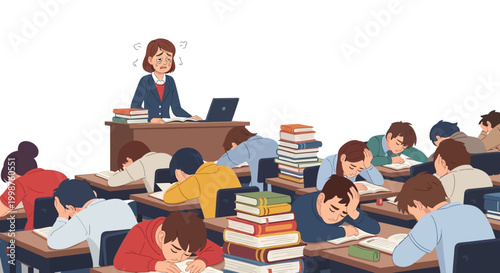 A stressed teacher watches over a classroom full of exhausted and uninterested students, depicting the widespread issue of academic fatigue and educational burnout