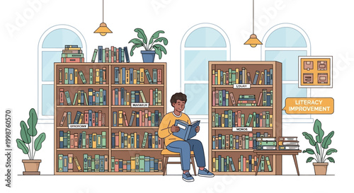 Young man sitting on a chair and reading a book in a library with shelves full of books and potted plants