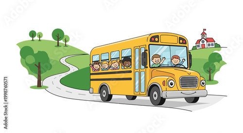 Cheerful School Journey Happy Students on a Classic Yellow Bus Driving Towards Education on a Scenic Road Through Green Hills