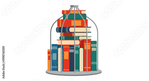 Symbolic illustration of valuable knowledge and learning confined within a classic birdcage, representing restricted access to education, information, and personal growth
