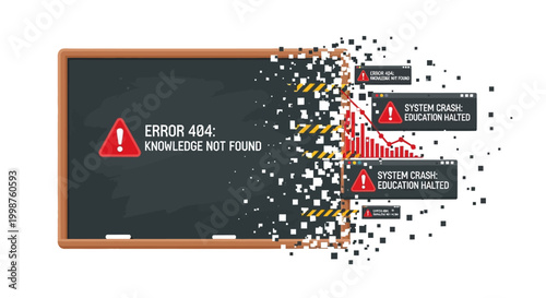 Computer Error 404 Knowledge Not Found message displayed on a disintegrating chalkboard, representing system failure and information loss