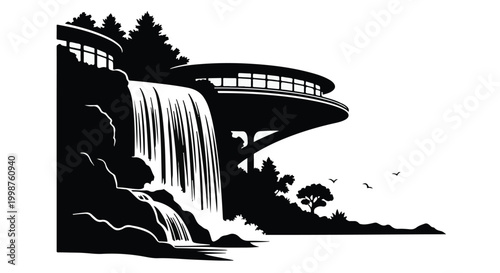 Architecture integrates a modern cantilevered building structure positioned directly above a natural waterfall.