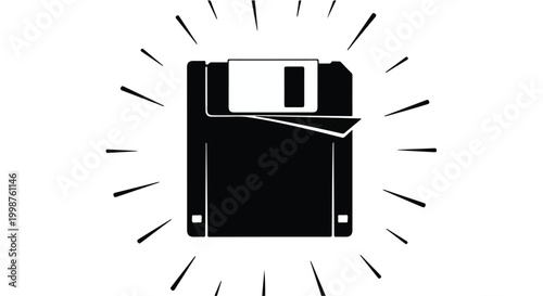 Floppy disk icon glows with radiating lines to symbolize data storage and retro computing technology.
