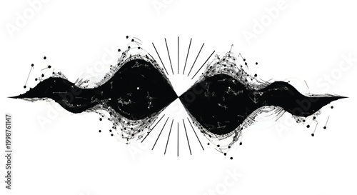 Abstract black and white waveform with radiating lines and scattered dots suggesting sound or energy.