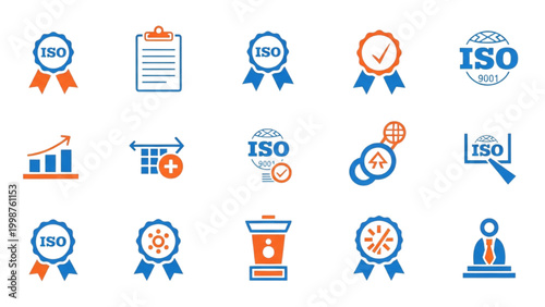 ISO 9001 Quality Management System Vector Icon Sheet, Blue and Orange Minimalist Flat Design Symbols for Business Compliance, Auditing, and Standards