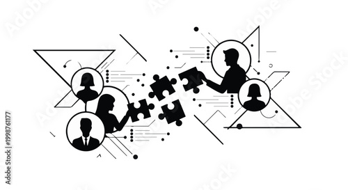 Businesspeople assemble puzzle pieces to represent collaborative problem solving and corporate synergy.