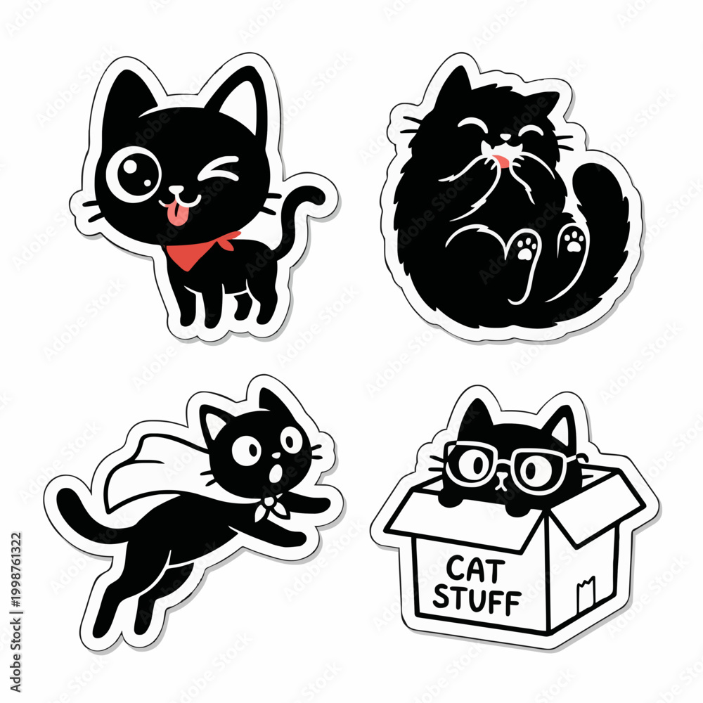 Obraz premium Cute Black Cat Sticker Pack with Funny Poses and Playful Expressions Vector Set