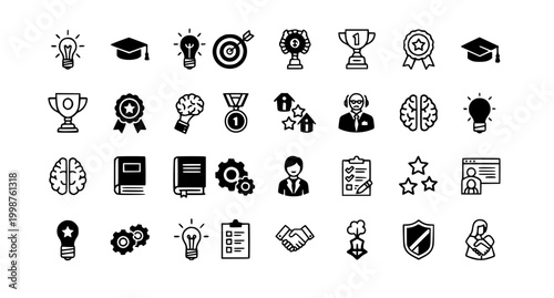 Expert Knowledge and Skill Solid Line Icon Set for Advice, Competence and Professional Experience Vector Illustration Collection