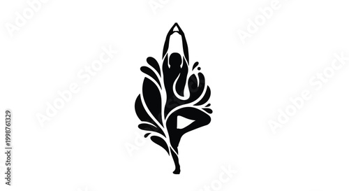 Yoga silhouette merges with flowing organic leaf shapes in a minimalist artistic composition representing harmony and balance.