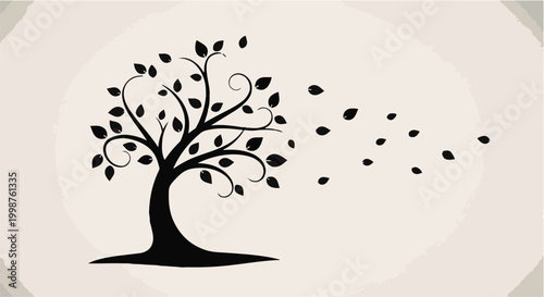 Tree silhouette displays a stylized trunk and branches with falling leaves floating towards the right side against a soft neutral background.