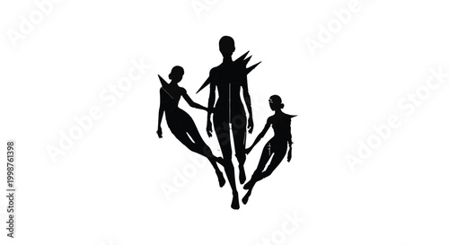 Silhouettes of three elegant women stand together in a stylized fashion pose against a clean white background.