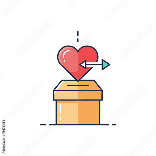 Heart symbol going into donation box with arrow.