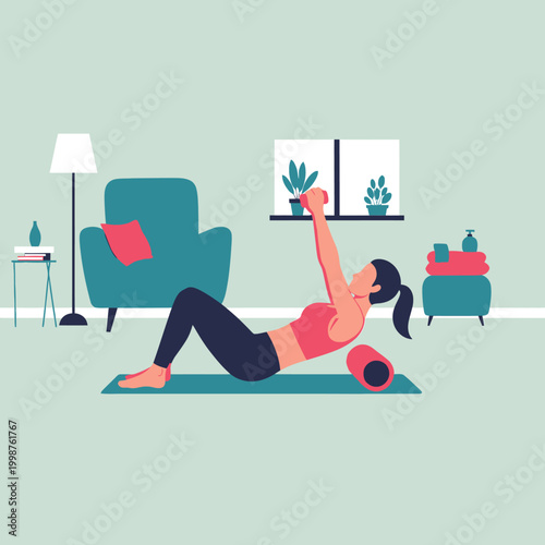 Woman exercising with foam roller and dumbbells at home.