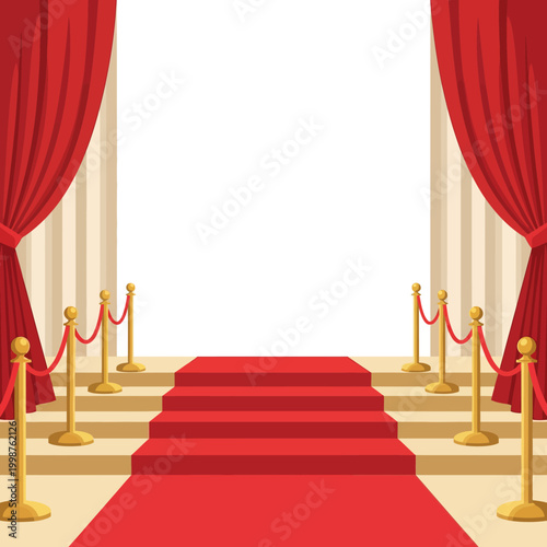 Red carpet event entrance with velvet ropes and curtains.
