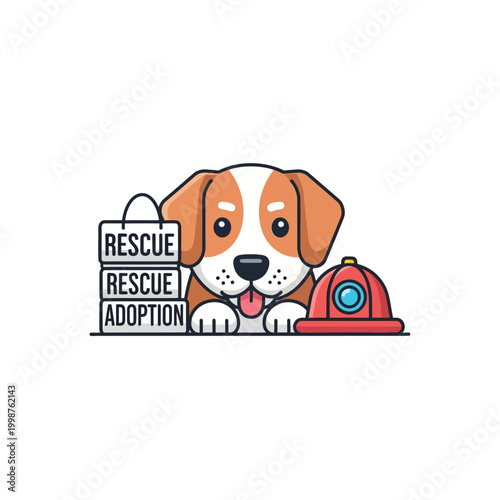 Cute cartoon dog with rescue adoption sign and firefighter helmet.