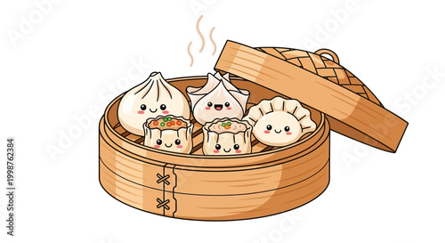 Cute cartoon dumplings in steamer basket.