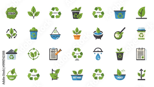 ISO 14001 Environmental Management System Vector Icon Sheet, Eco-Green Leaf Symbols for Sustainability, Corporate Ecology, and Nature Conservation