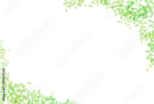 Watercolor frame background with fresh green leaves. Refreshing and healing early summer design.