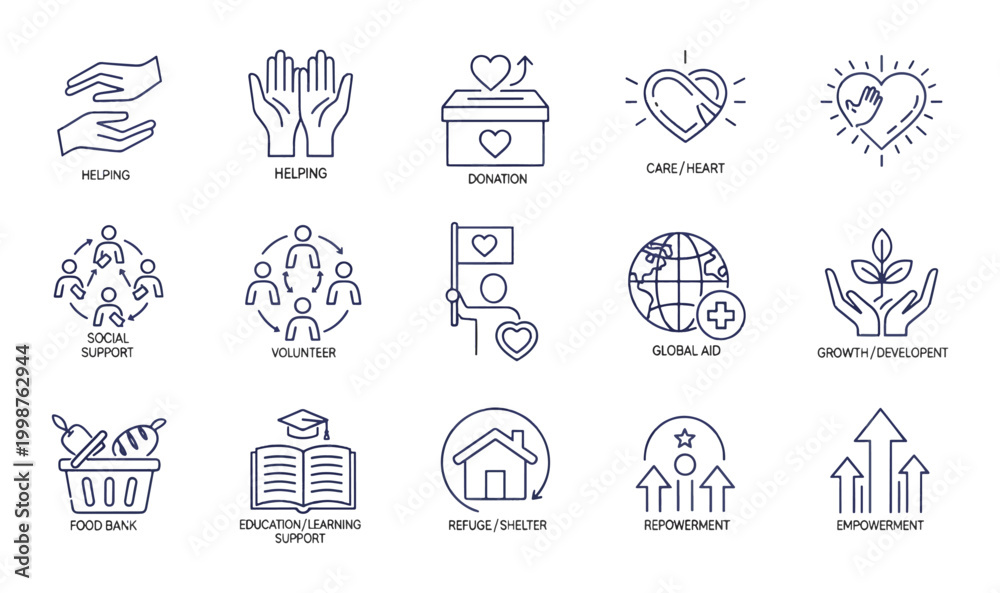 Fototapeta premium Premium 15 Charity Social Support Icons - Modern Volunteer, Donation Global Aid Symbols, Humanitarian Relief Graphics Empowerment Icons for Non-Profit Design