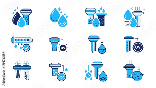 Water Purification and Filtration Vector Icon Set, Cyan and Navy Blue Gradient Symbols for Industrial Water Treatment, Clean Drinking Water Standards