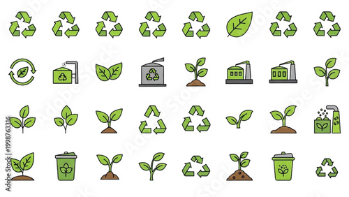 Bioenergy and Circular Economy Vector Icon Sheet, Lime Green and Earth Tone Plant Symbols for Renewable Energy, Waste-to-Energy, and Eco Sustainability