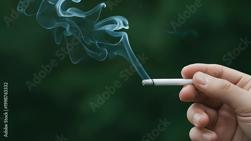 Close Up Cinematic Shot of Cigarette Without Flame Producing Thin Smoke with Hand on Right Side Green Bokeh Background