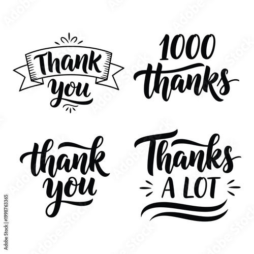 Collection of four unique black handwritten calligraphy phrases expressing gratitude and appreciation for various occasions isolatedon white background