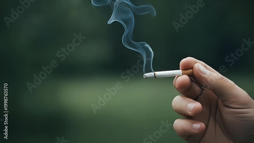 Close Up Cinematic Shot of Cigarette Without Flame Producing Thin Smoke with Hand on Right Side Green Bokeh Background