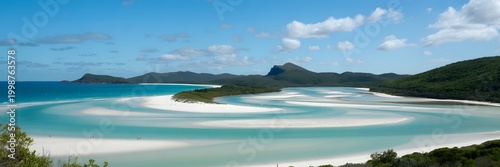 Panoramic view of whitsunday island queensland australia whitehaven beach on sunny day with blue sky and turquoise water.